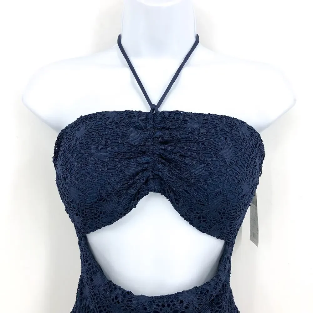 LAUREN RALPH LAUREN One Piece Swimsuit Size 12 Navy Blue Crochet Bandeau NWT